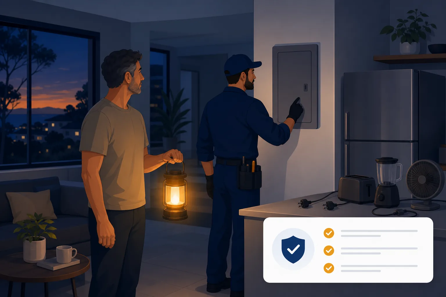 Elettricista che verifica il quadro chiuso durante un blackout domestico.