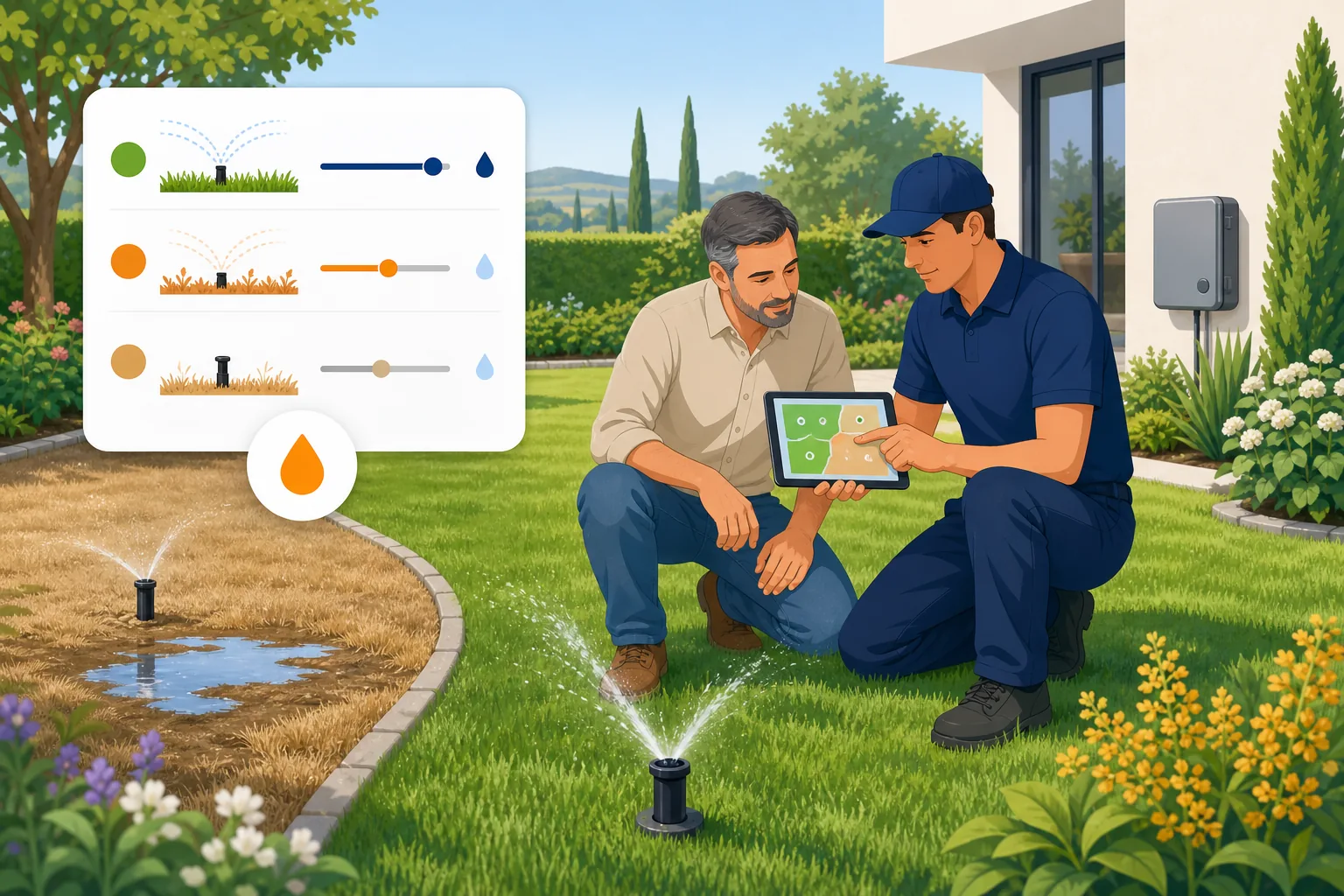 Tecnico e proprietario controllano le zone di un impianto di irrigazione irregolare.