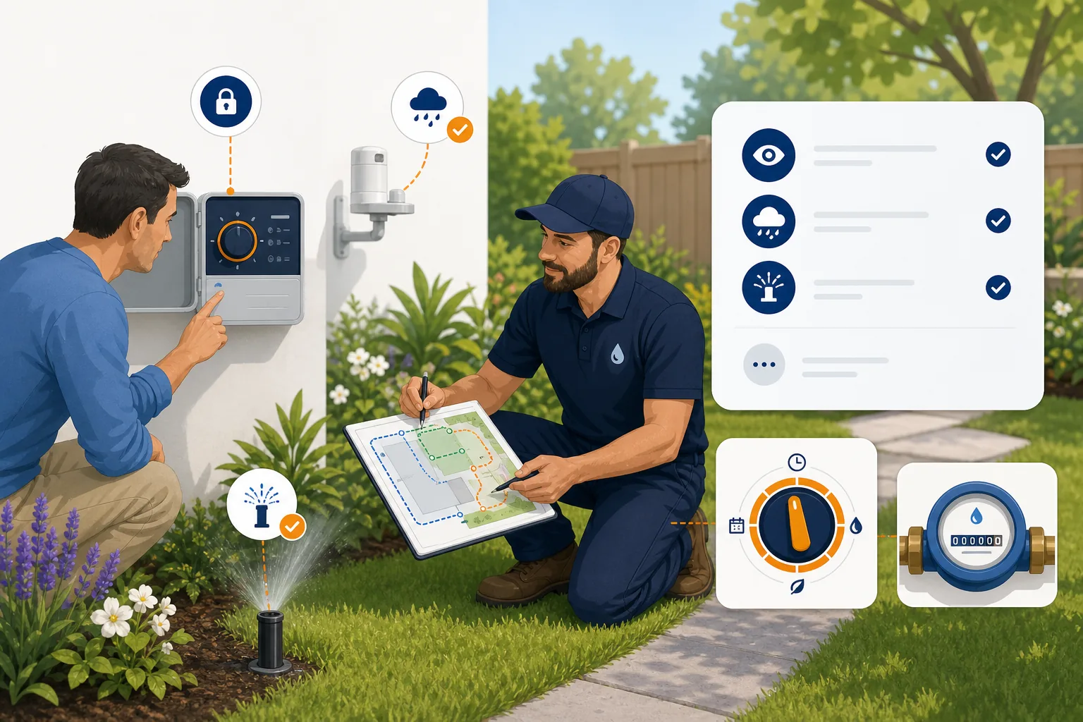 Controllo visivo di programmatore, sensore pioggia e irrigatore accessibile.