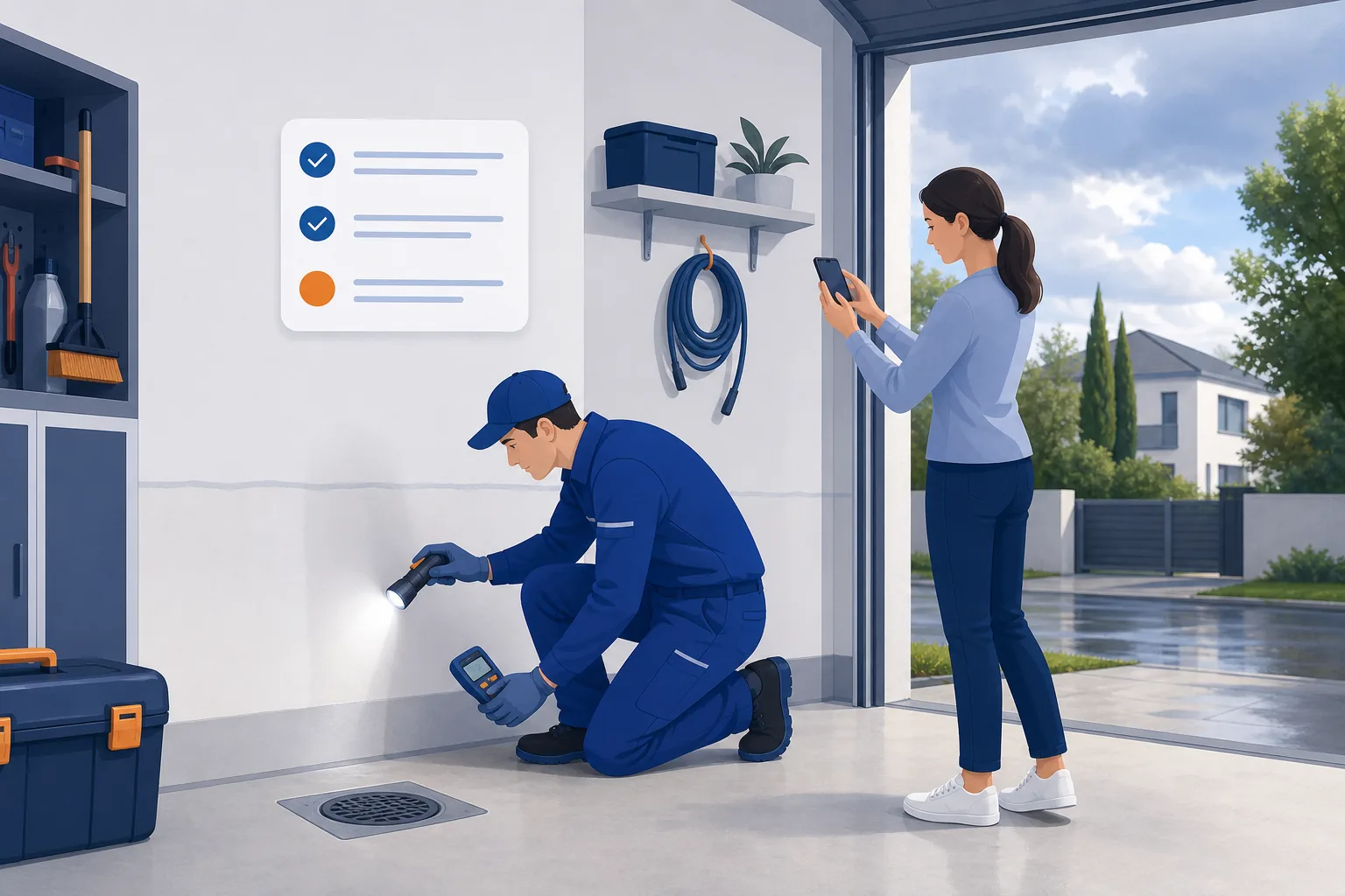 Professionista controlla scarico e umidità in un garage asciutto dopo il temporale