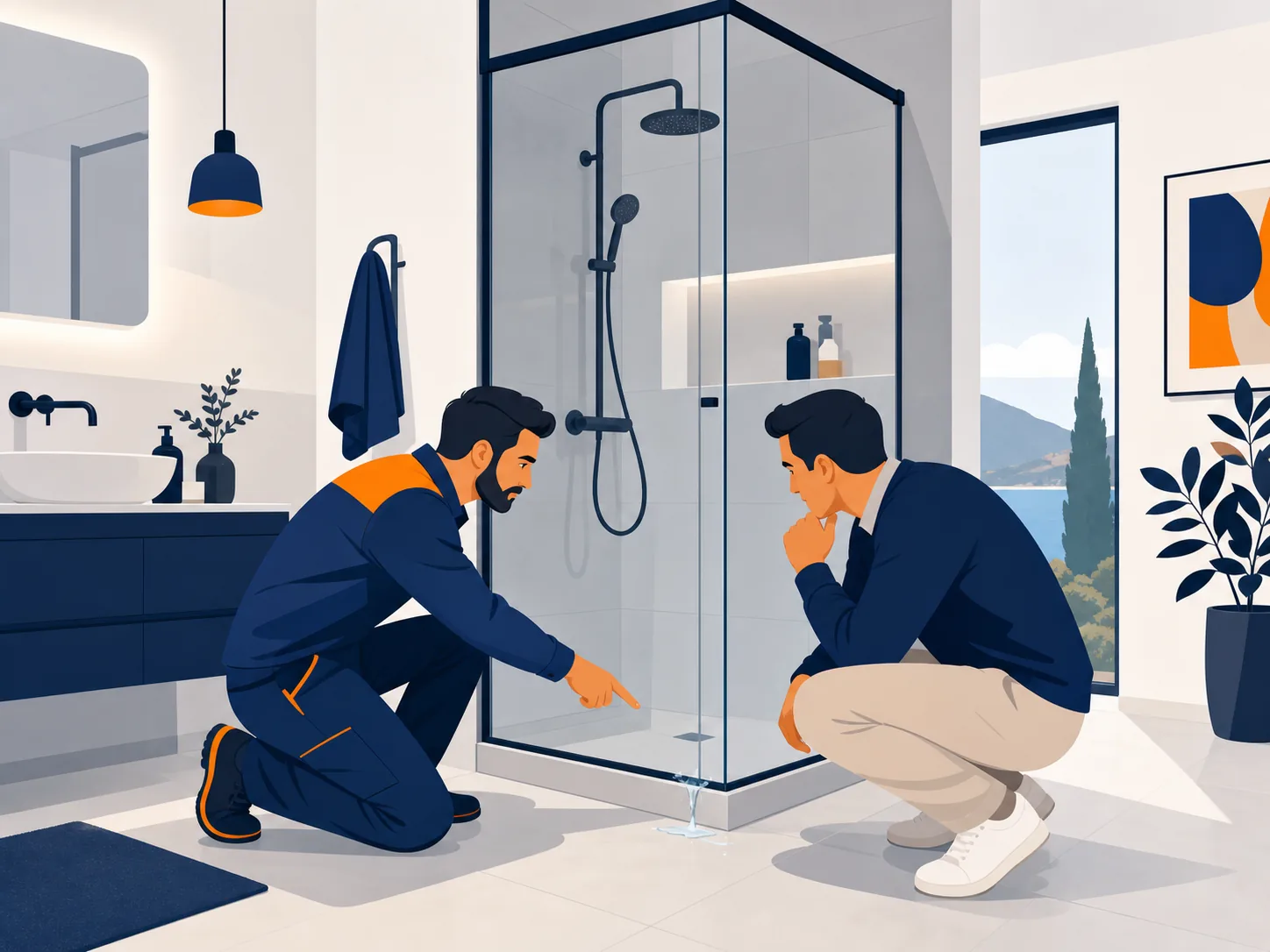 Illustrazione editoriale su box doccia perde acqua