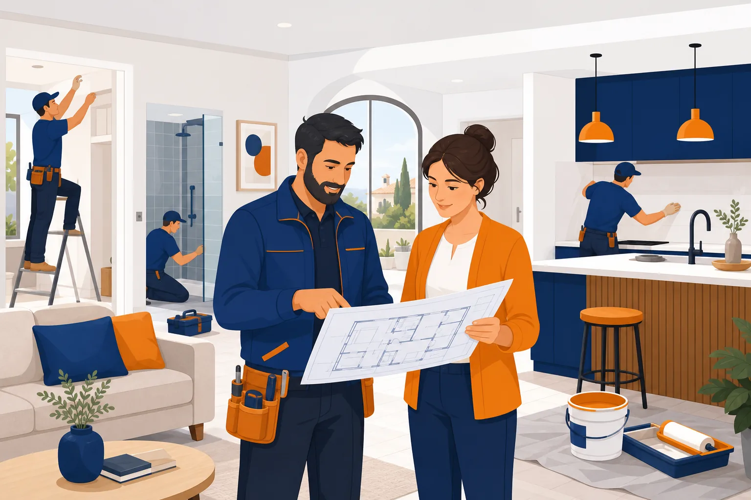 Professionista e proprietaria esaminano il progetto di ristrutturazione di una casa.