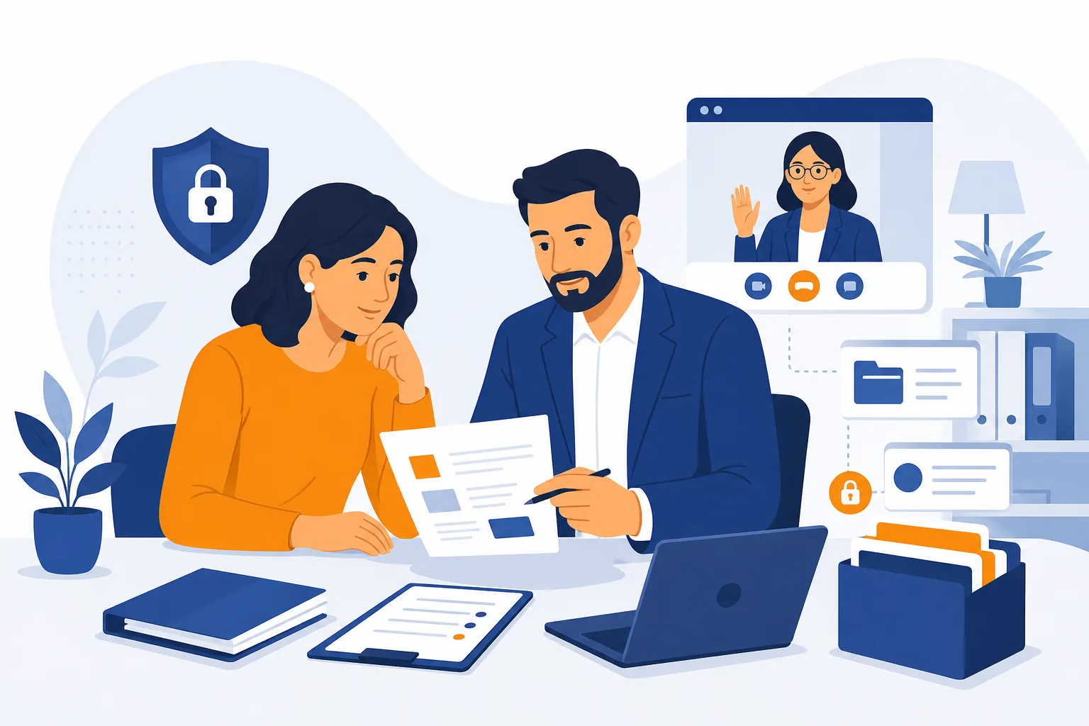 Consulente e cliente esaminano documenti durante un incontro riservato.