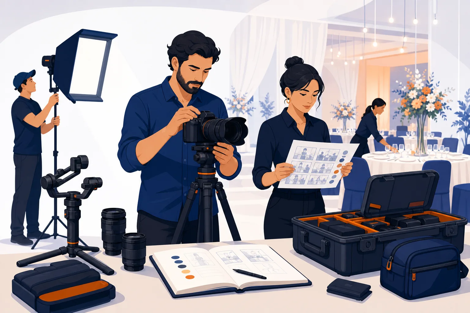 Fotografa e videomaker preparano attrezzatura e scaletta per un evento.