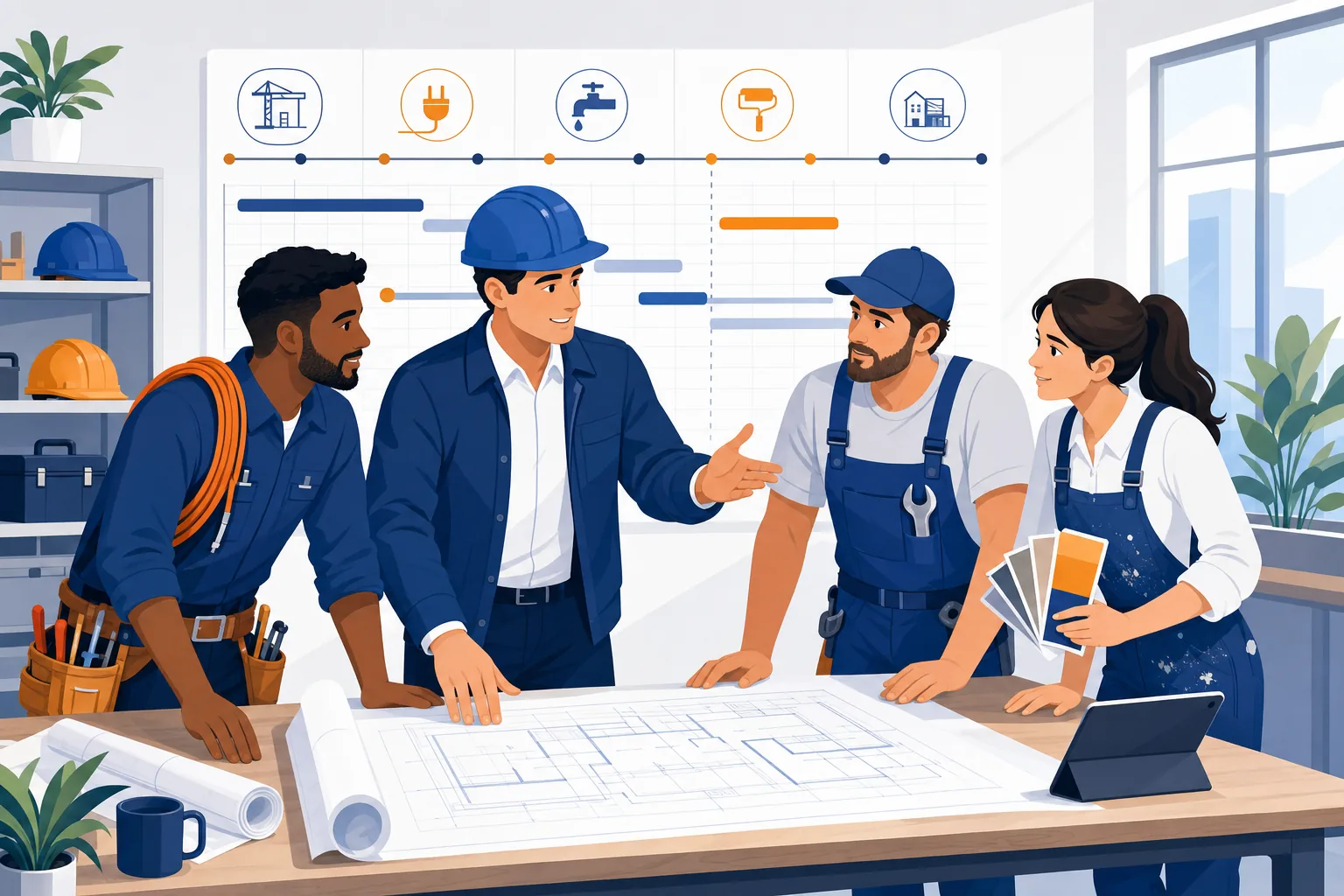 General contractor coordina più professionisti davanti a progetto e calendario.