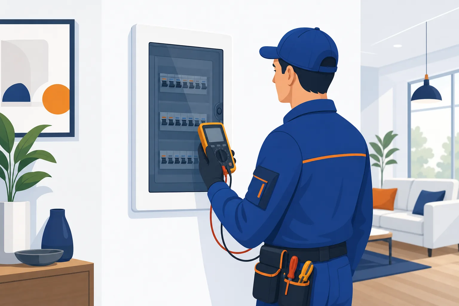 Elettricista controlla in sicurezza un quadro elettrico chiuso.