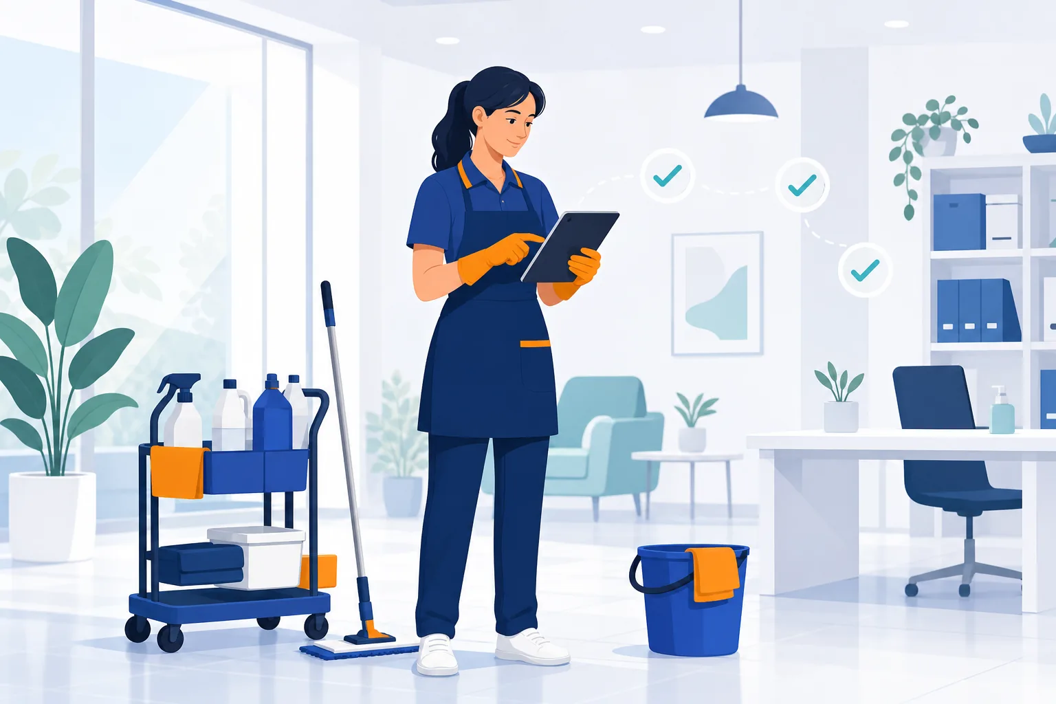 Professionista delle pulizie organizza strumenti e lista delle attività.