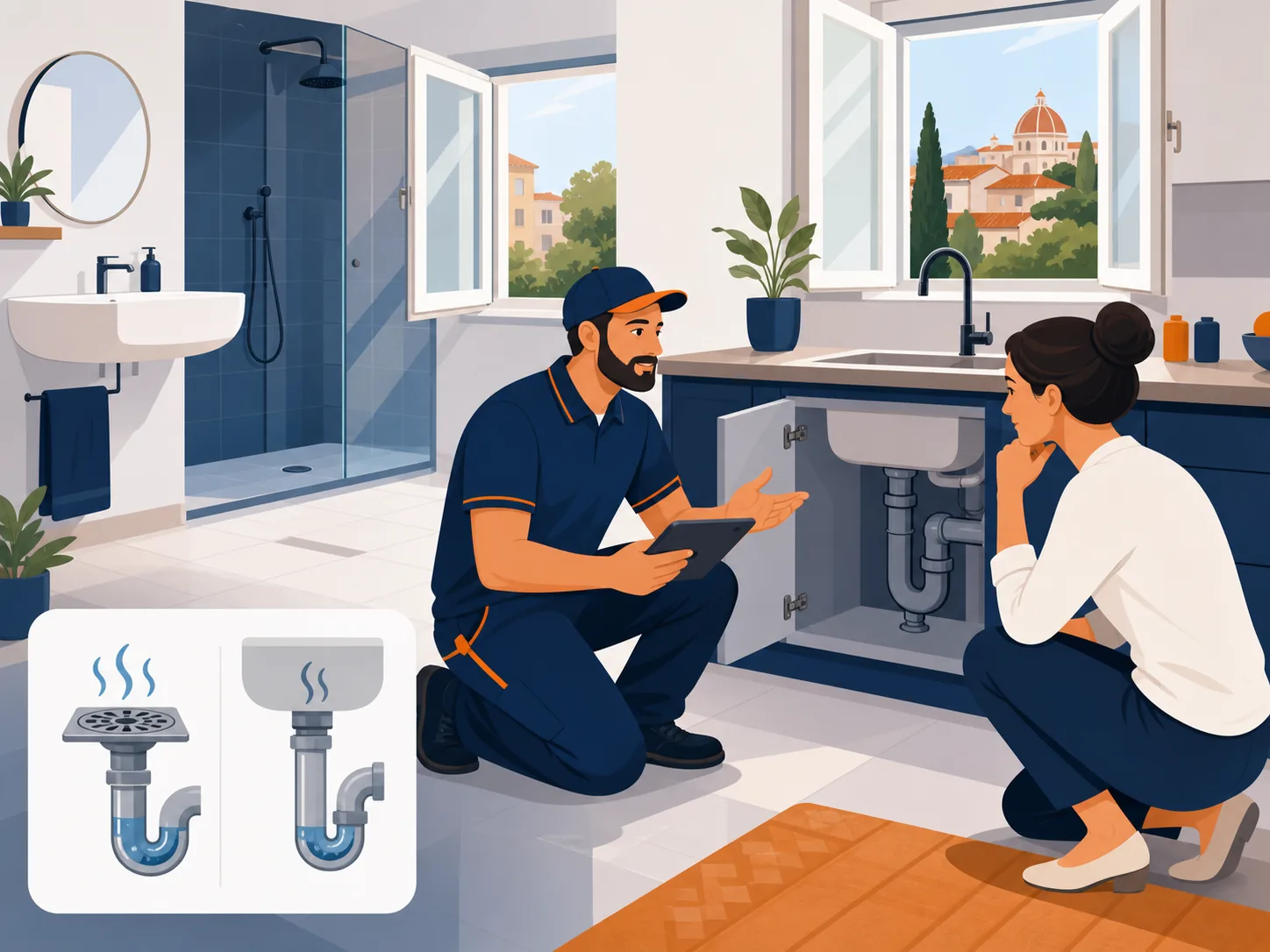 Illustrazione editoriale su cattivo odore scarichi