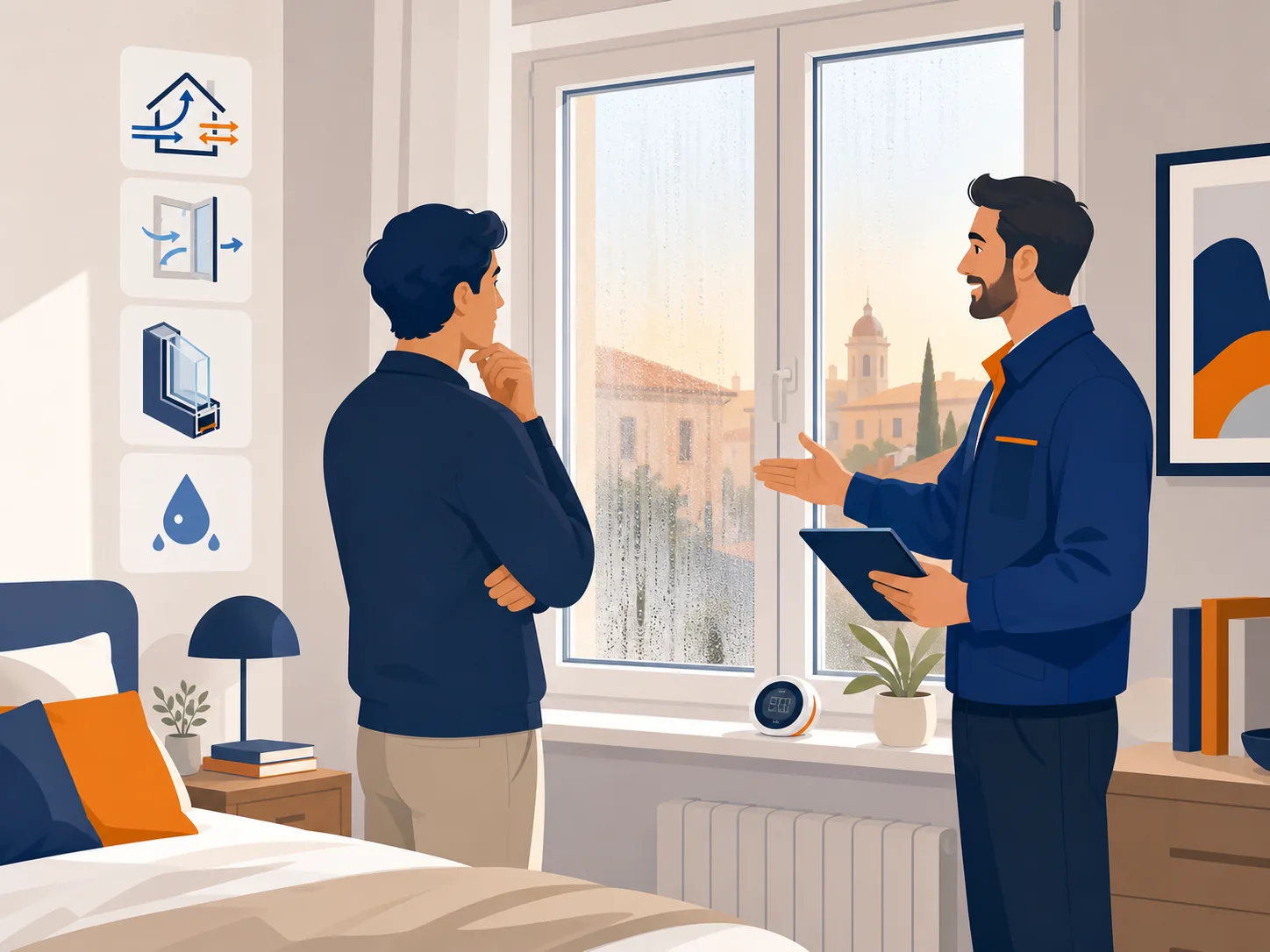 Illustrazione editoriale su condensa finestre