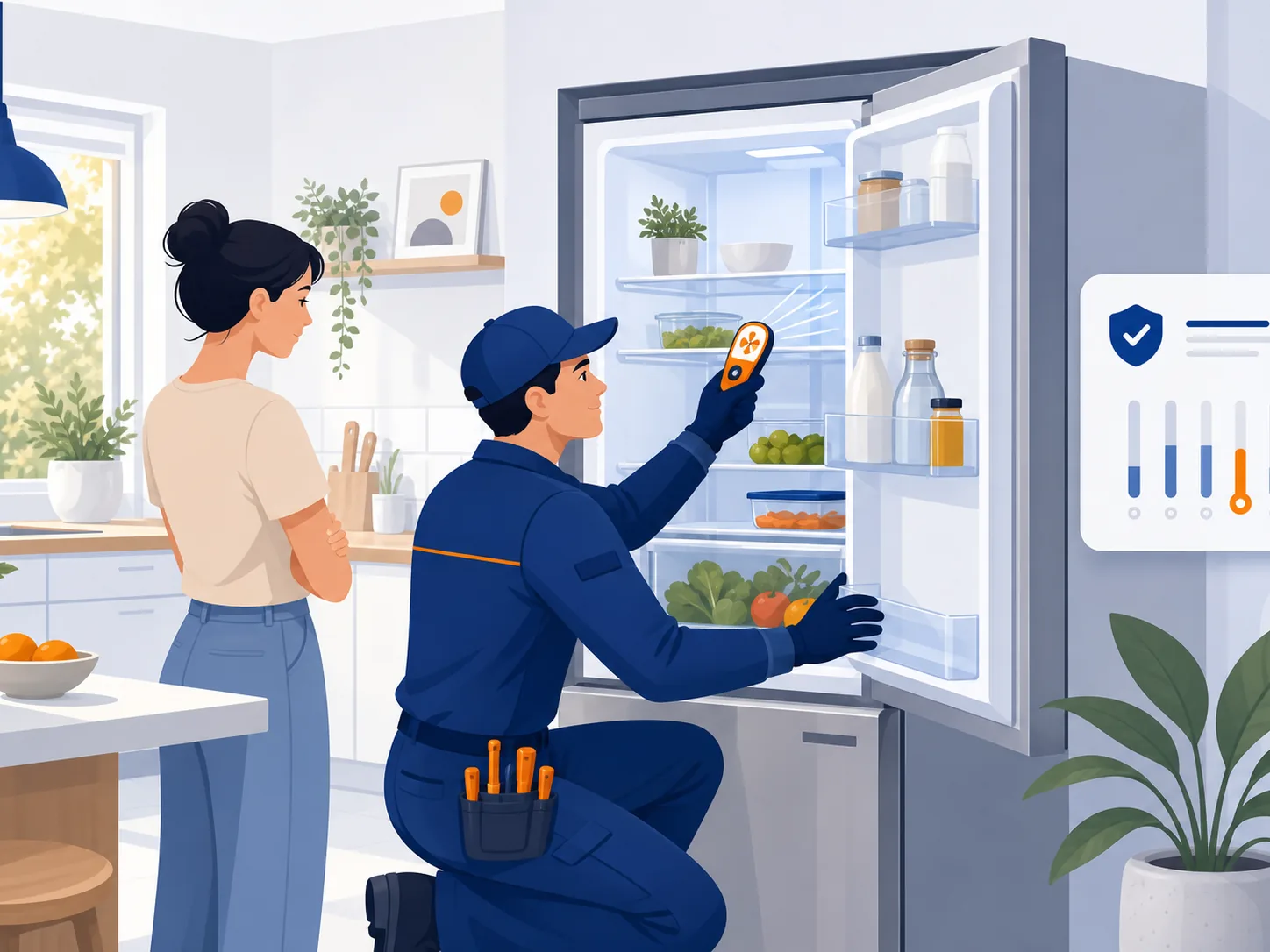 Illustrazione di un tecnico che controlla la temperatura interna di un frigorifero in una cucina estiva.