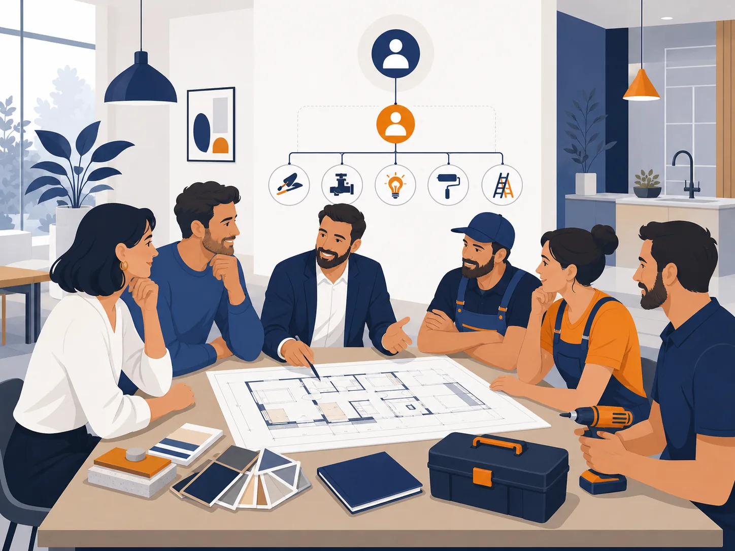 Illustrazione editoriale su general contractor o artigiani