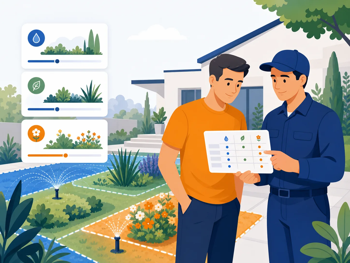 Illustrazione editoriale: Giardino a luglio: irrigazione e controlli