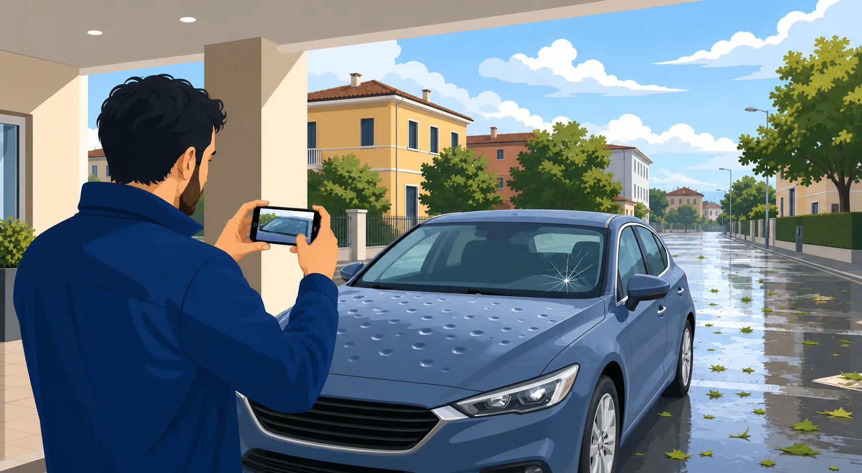 Automobilista fotografa ammaccature e parabrezza lesionato al riparo dopo la grandine