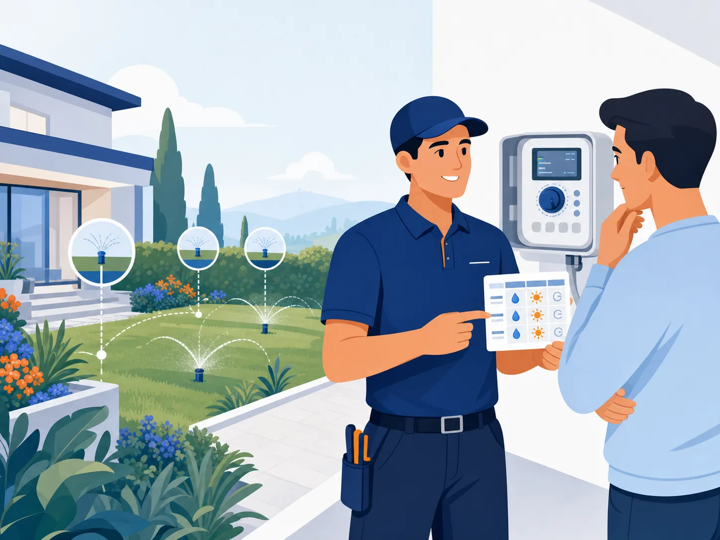 Illustrazione editoriale: Irrigazione del giardino con il caldo