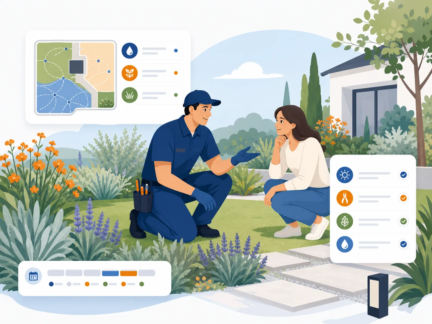 Illustrazione editoriale: Manutenzione del giardino in estate