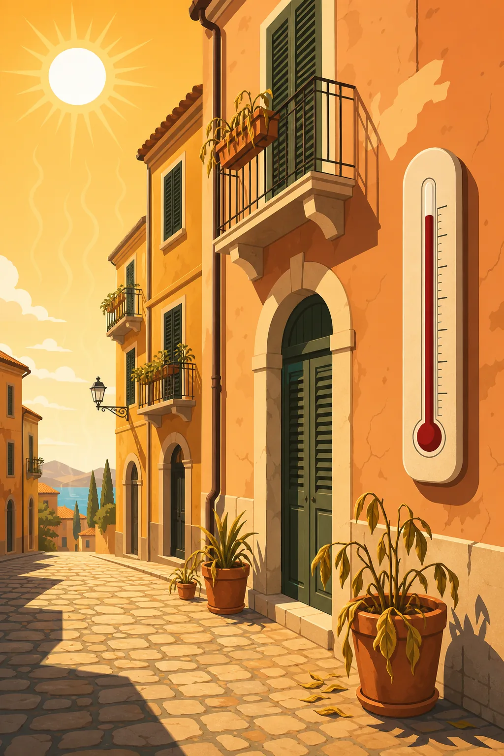 Strada di città italiana durante un'ondata di calore estiva con persiane chiuse e termometro che segna temperatura elevata