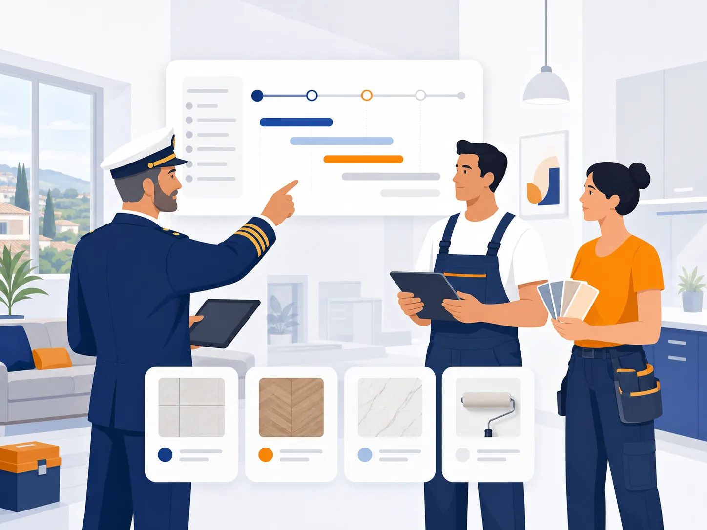 Illustrazione editoriale: Lavori in casa d'estate: coordinare i professionisti