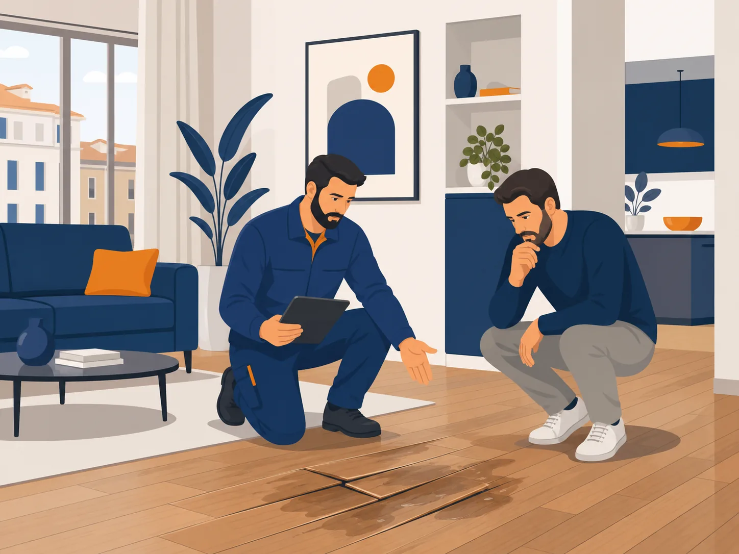 Illustrazione editoriale su parquet gonfio acqua
