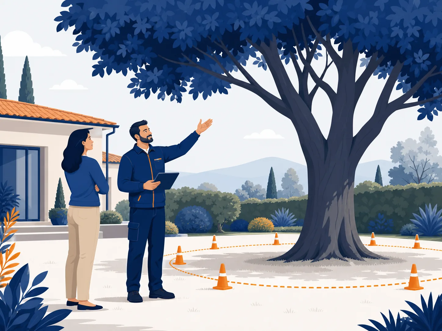 Illustrazione editoriale su potatura alberi alto fusto