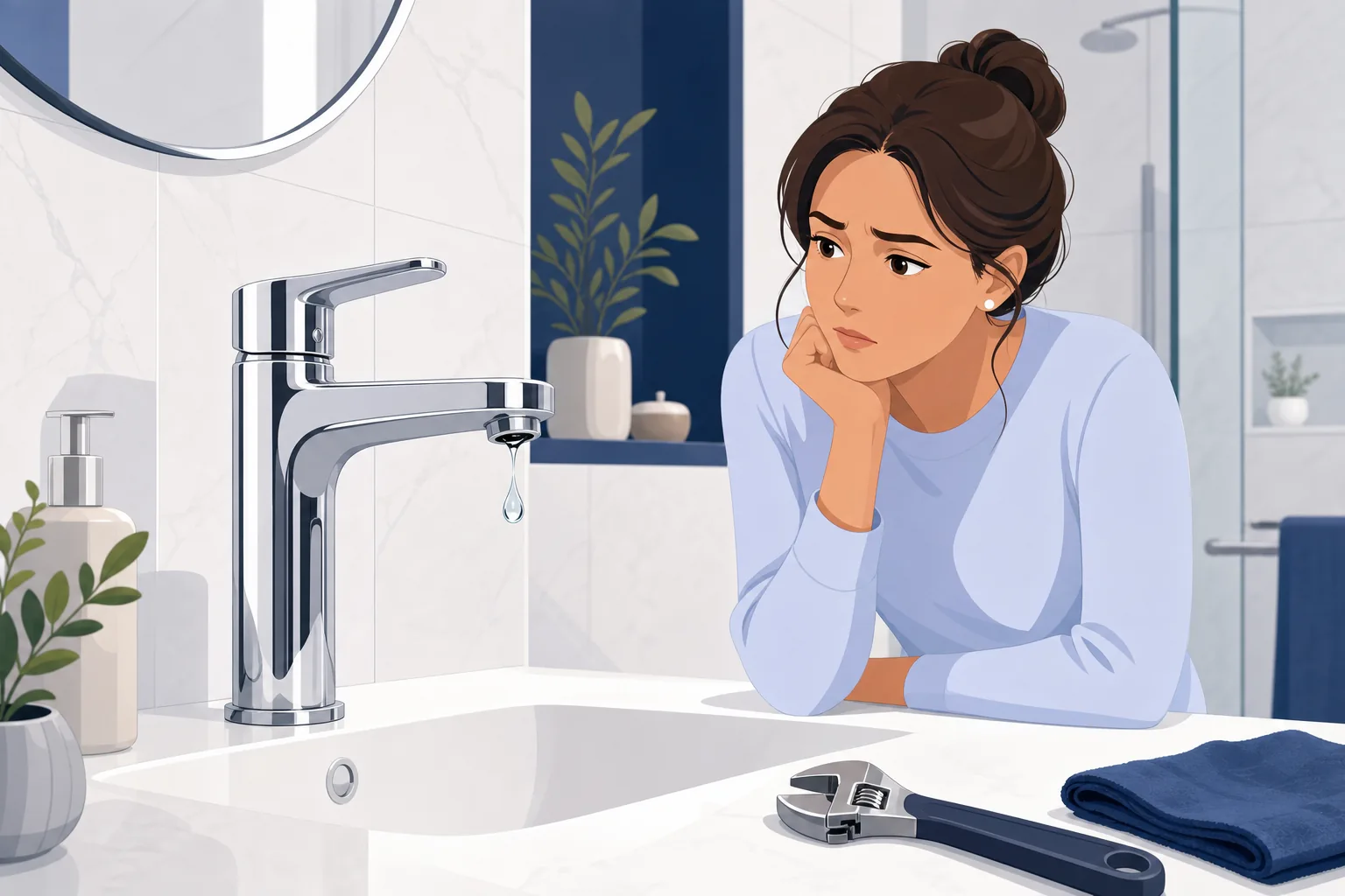 Rubinetto del bagno con goccia d'acqua e attrezzi per la riparazione