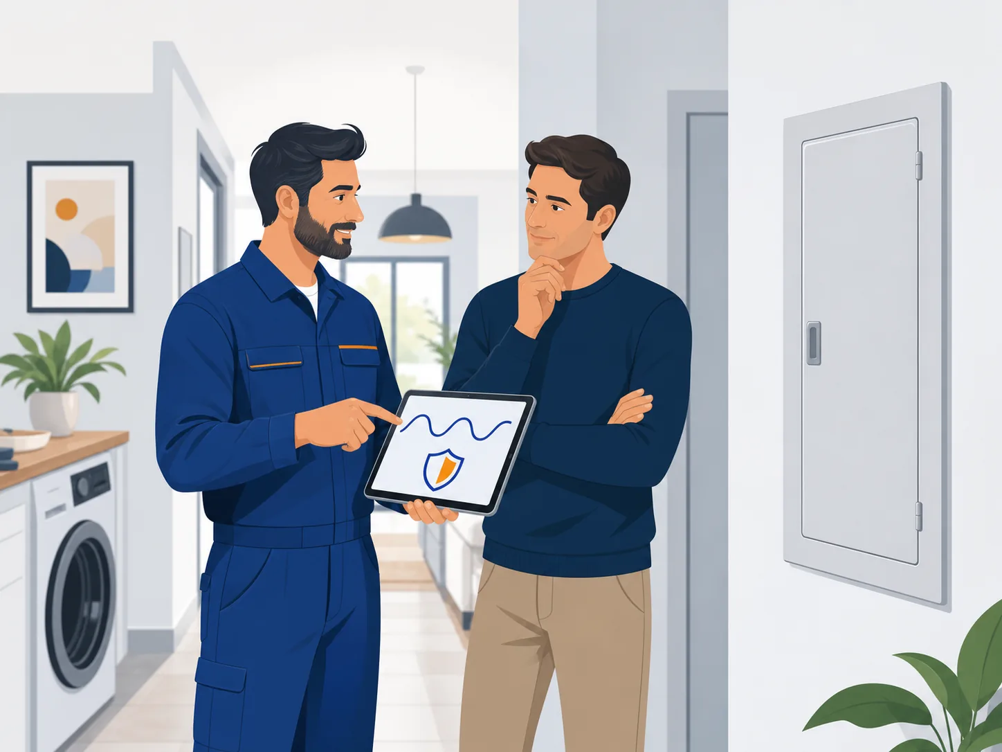 Elettricista spiega gli sbalzi di tensione davanti a un quadro elettrico chiuso