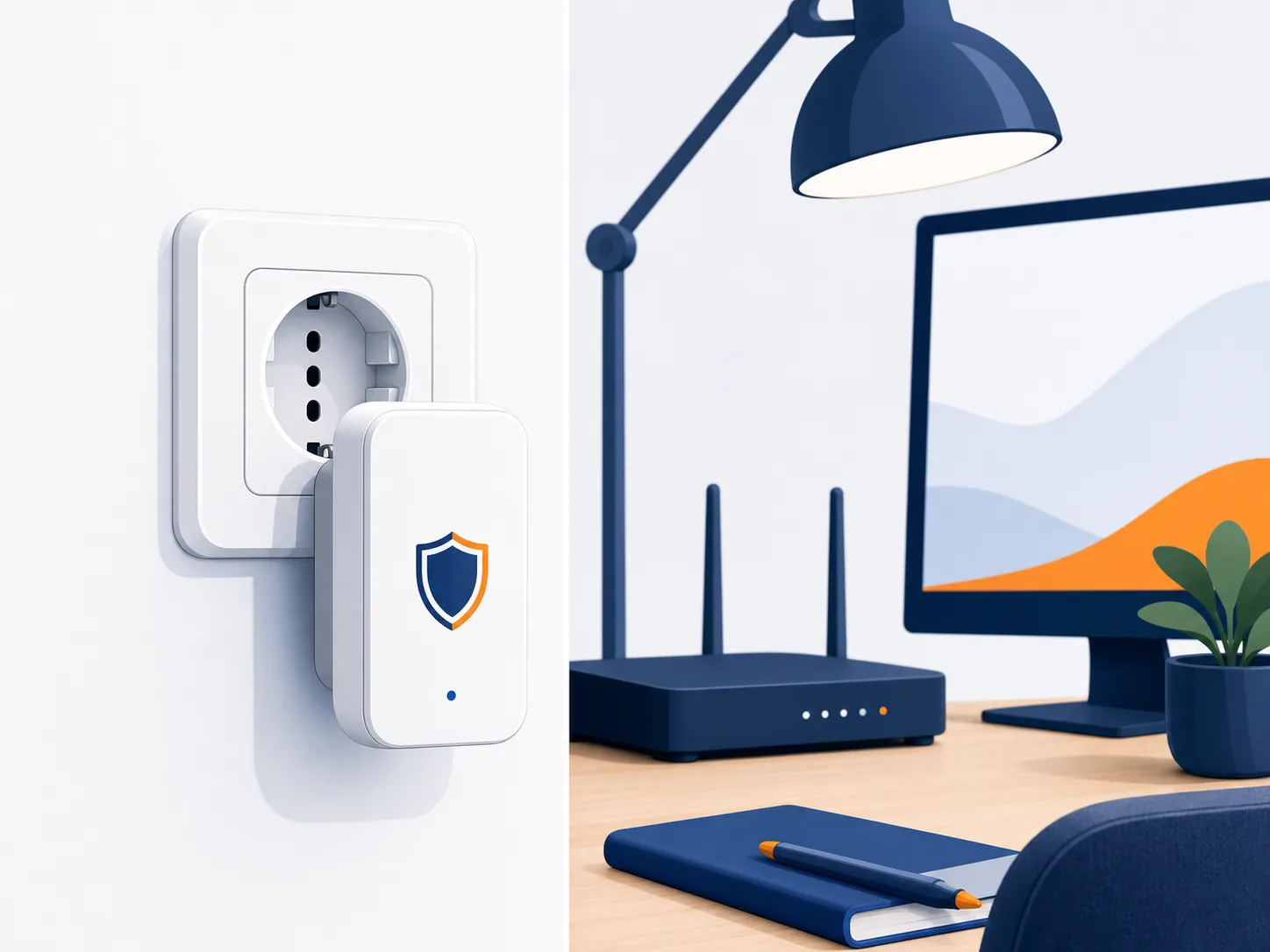Protezione plug-in collegata a una presa europea integra accanto agli apparecchi domestici