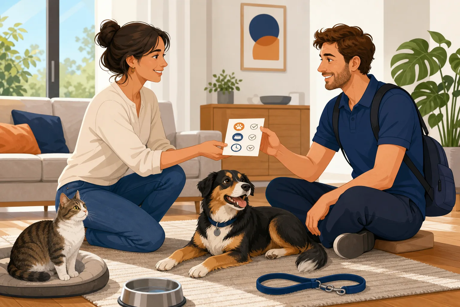 Proprietaria incontra un pet sitter in casa insieme a un cane rilassato e a un gatto