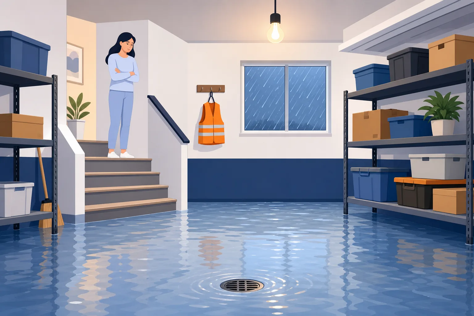 Garage allagato con casalinga che valuta la situazione dall'alto delle scale interne