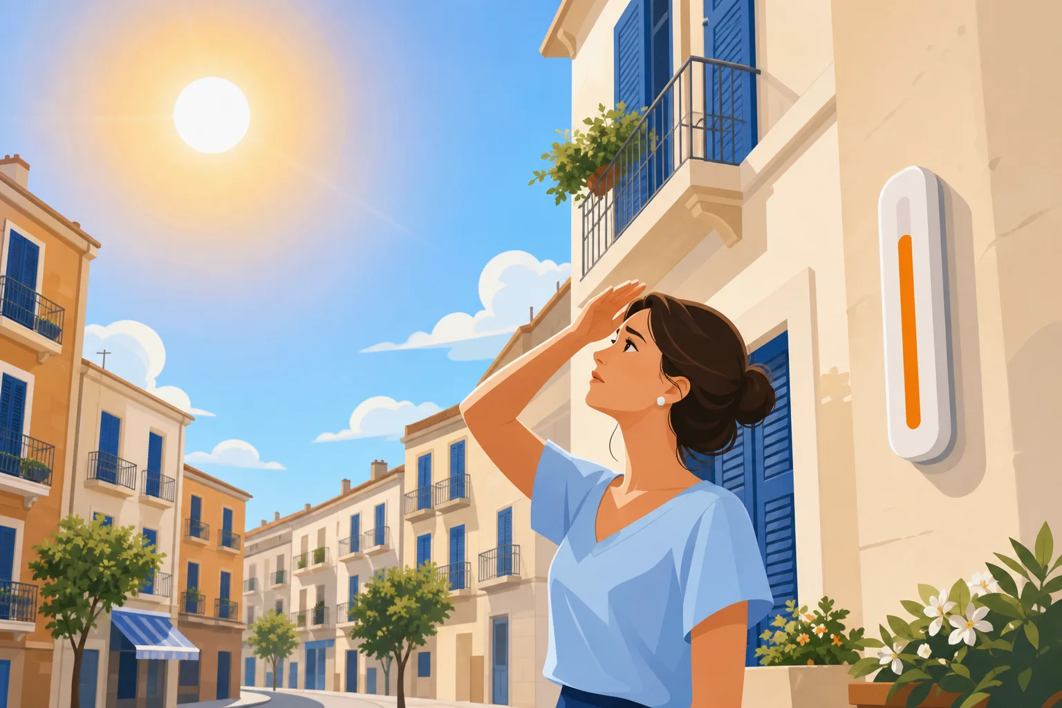 Strada di città italiana durante un'ondata di calore con palazzi dalle persiane blu chiuse, termometro con indicatore arancione e donna che guarda il cielo