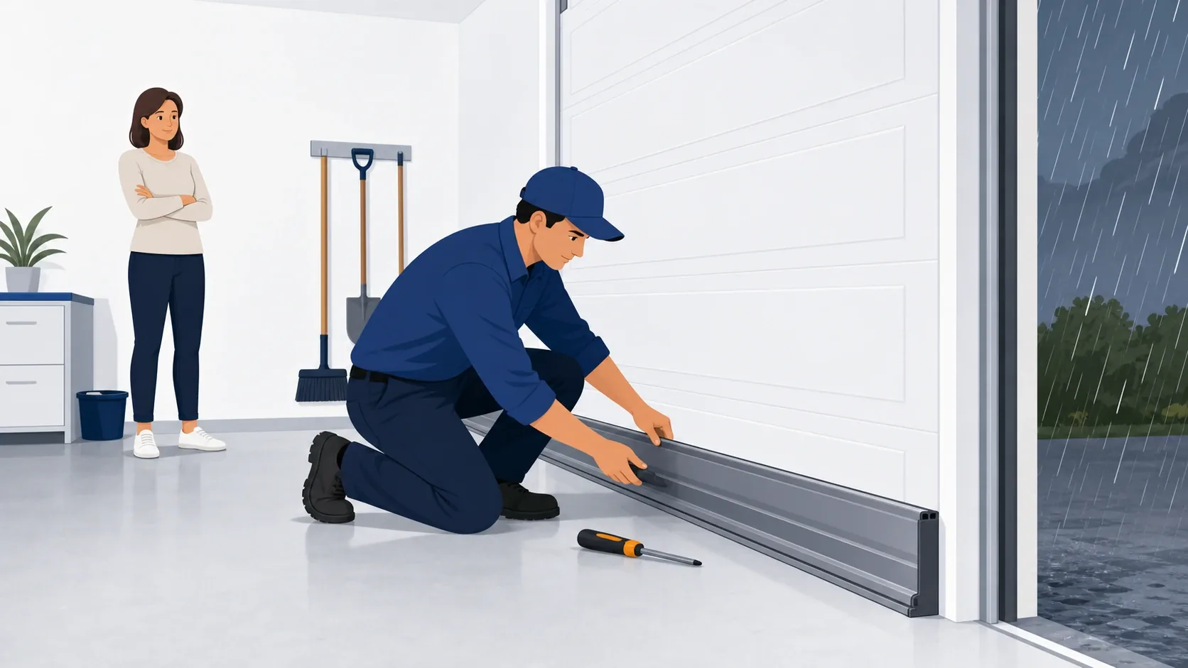 Professionista che installa una barriera antiallagamento sulla soglia asciutta di un garage prima della pioggia