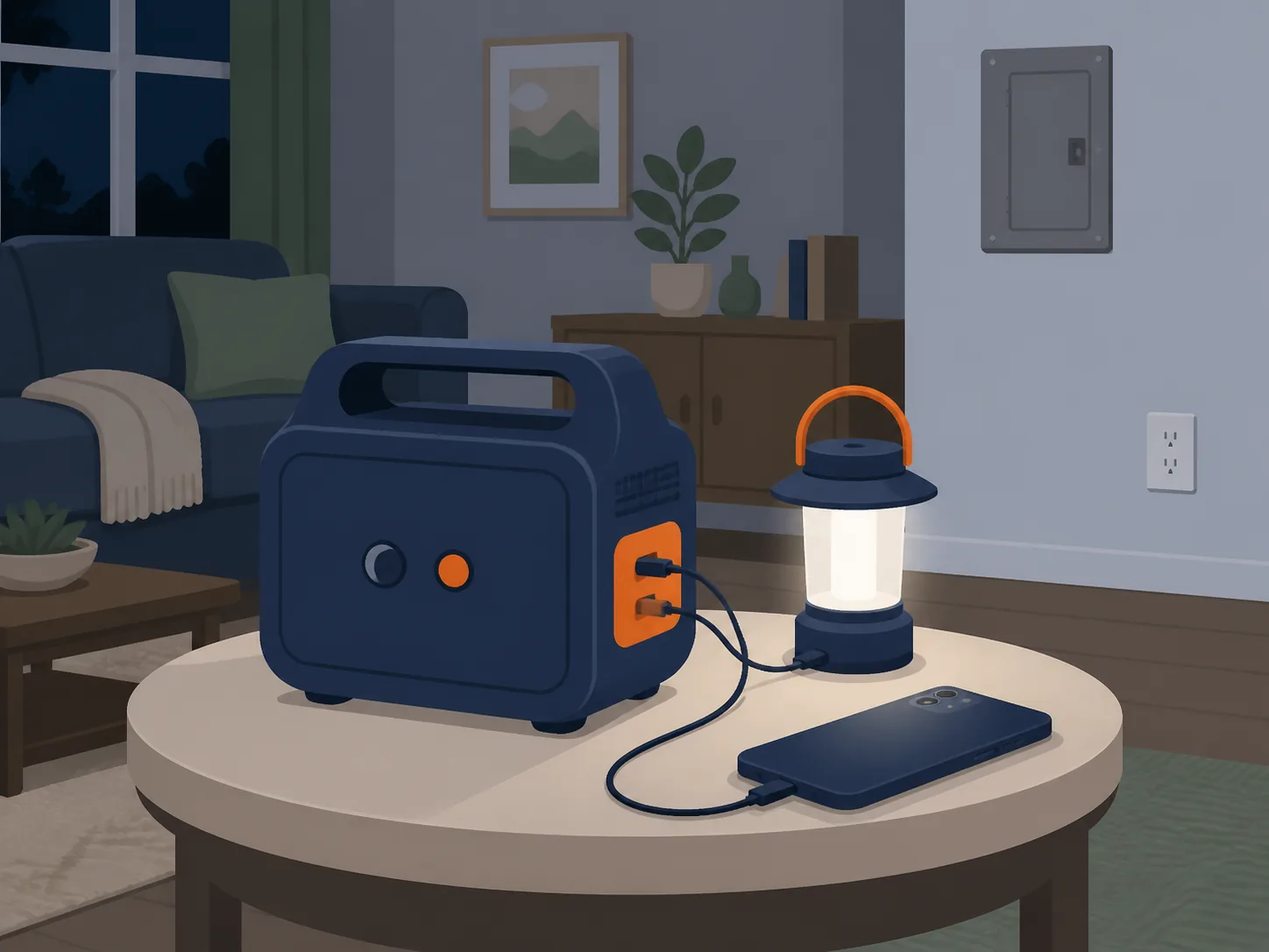Centrale elettrica portatile collegata direttamente a una lampada e a un telefono
