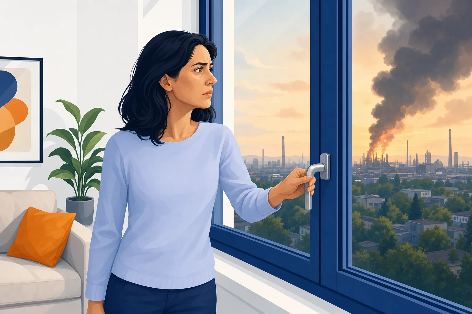 Donna che chiude la finestra di casa mentre fumo scuro si alza da un incendio industriale in lontananza