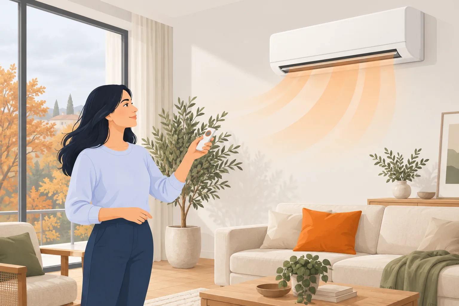 Donna in soggiorno che accende il climatizzatore a parete in modalità riscaldamento con il telecomando