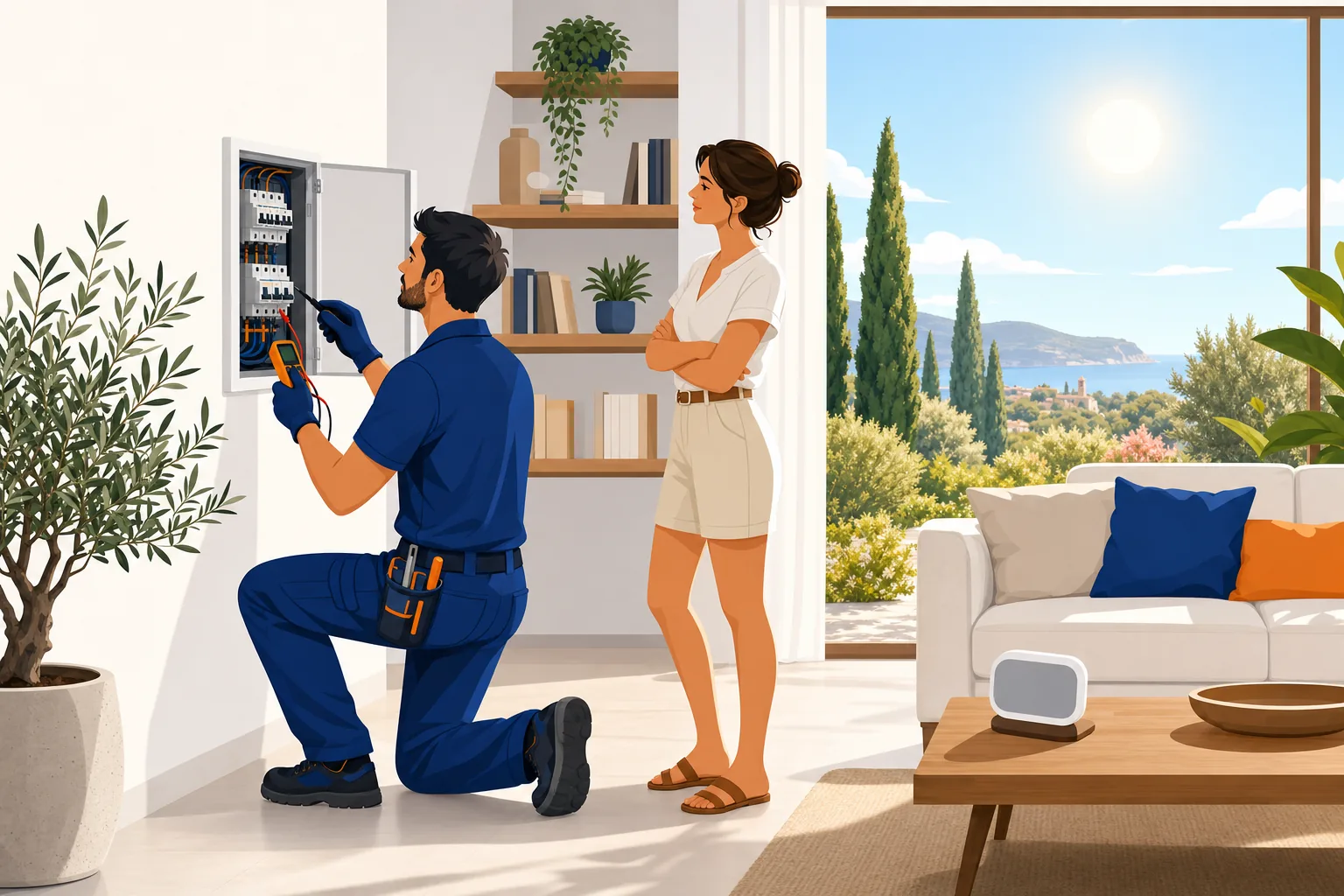Elettricista in divisa blu ispeziona un quadro elettrico domestico in una giornata estiva