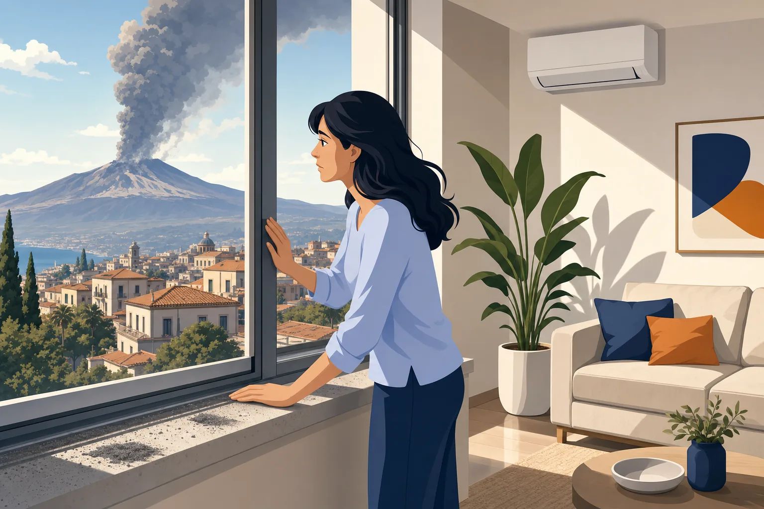 Donna che controlla le guarnizioni della finestra con cenere vulcanica sul davanzale e Etna sullo sfondo