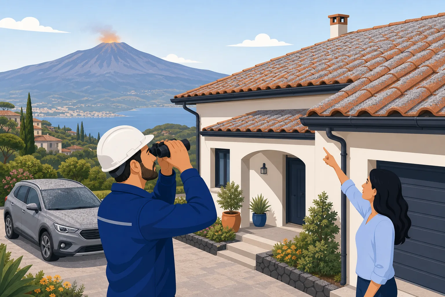 Professionista che valuta l'accumulo di cenere vulcanica sul tetto di un'abitazione con l'Etna sullo sfondo