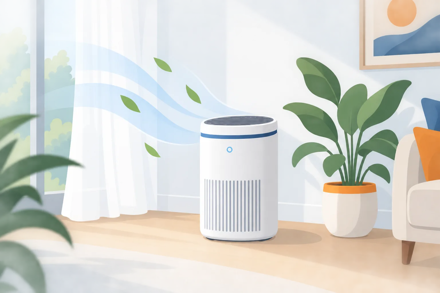 Purificatore d'aria con filtro HEPA in un ambiente luminoso