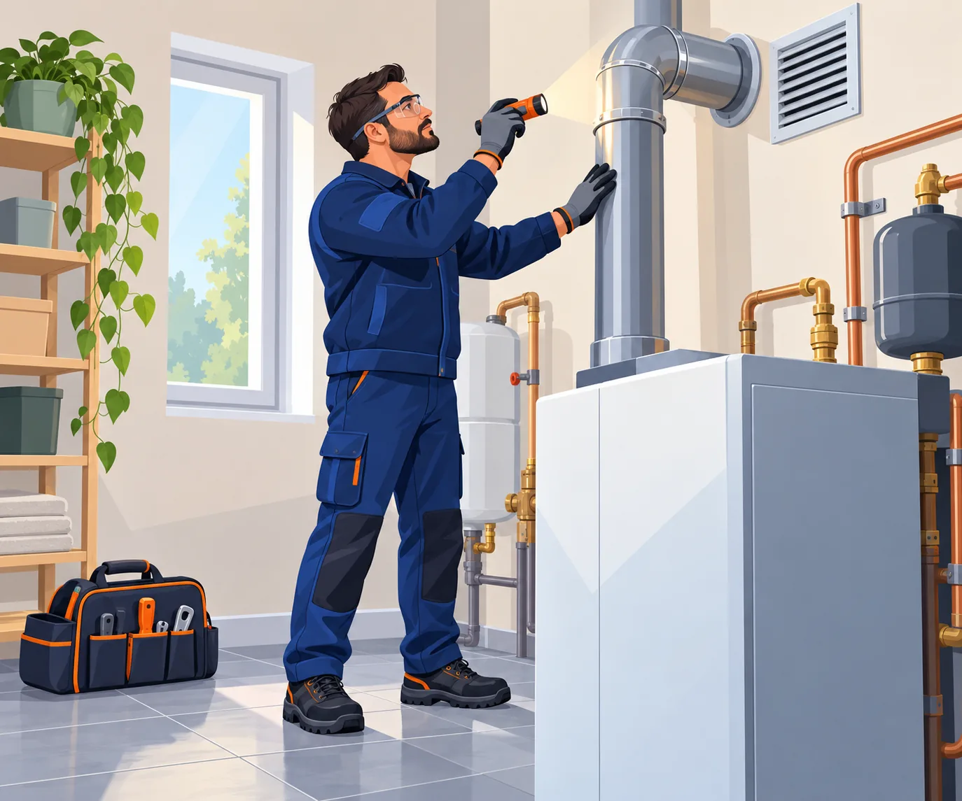 Tecnico che ispeziona la canna fumaria e la presa d'aria della caldaia a gasolio