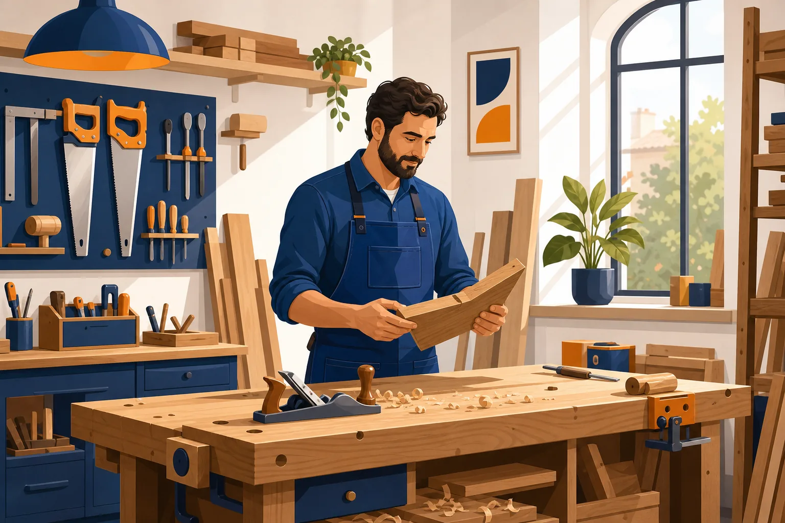 Laboratorio artigiano di falegnameria con banco da lavoro in legno, utensili manuali, trucioli sul pavimento e professionista in grembiule blu