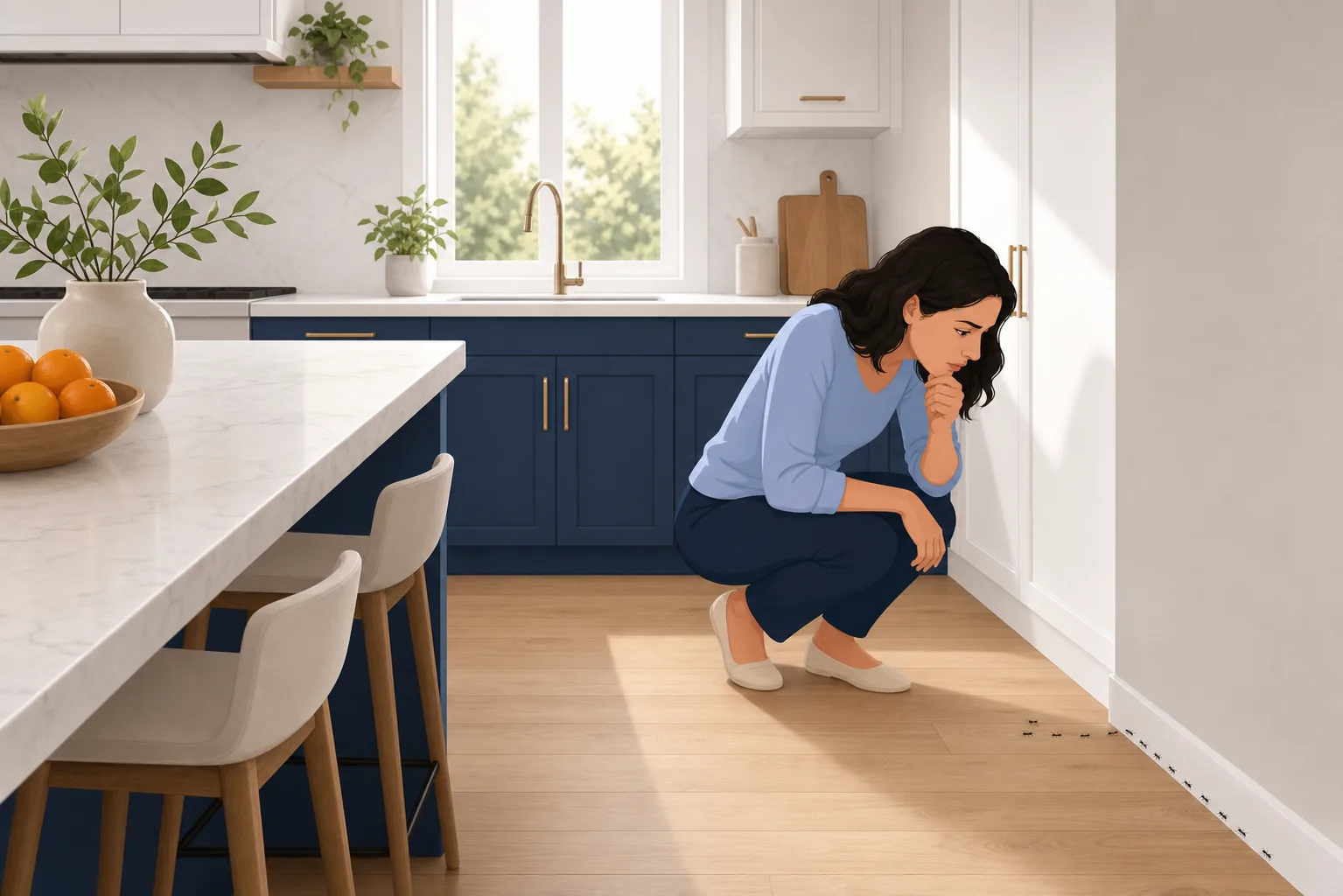 Cucina moderna con una fila di formiche lungo il battiscopa bianco vicino al pavimento, donna in abito azzurro che le osserva