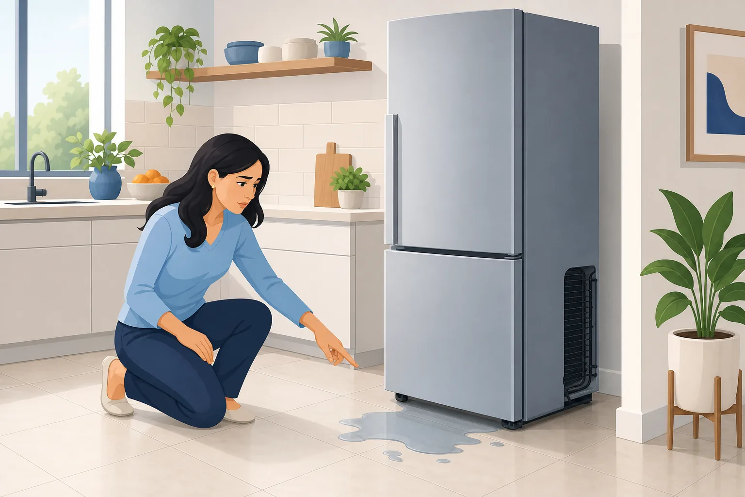 Cucina moderna con un frigorifero leggermente scostato dalla parete e una piccola pozza d'acqua sul pavimento, donna inginocchiata che la indica