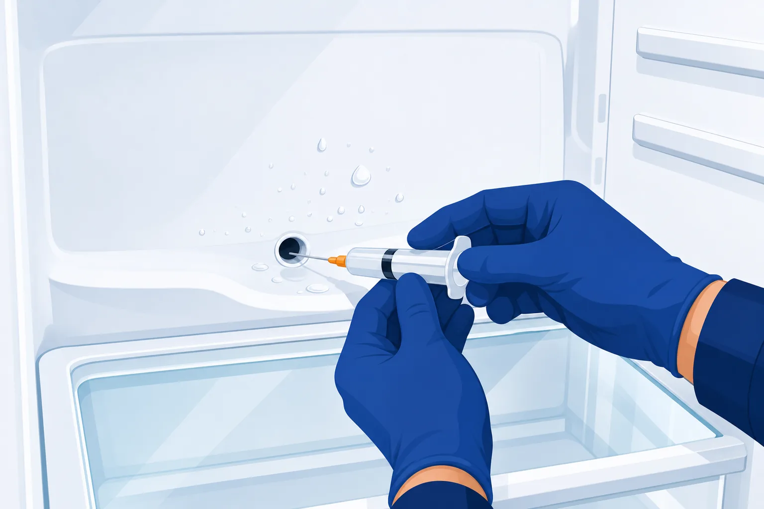 Mani che usano una siringa per pulire il foro di scarico all'interno di un frigorifero bianco con gocce d'acqua visibili
