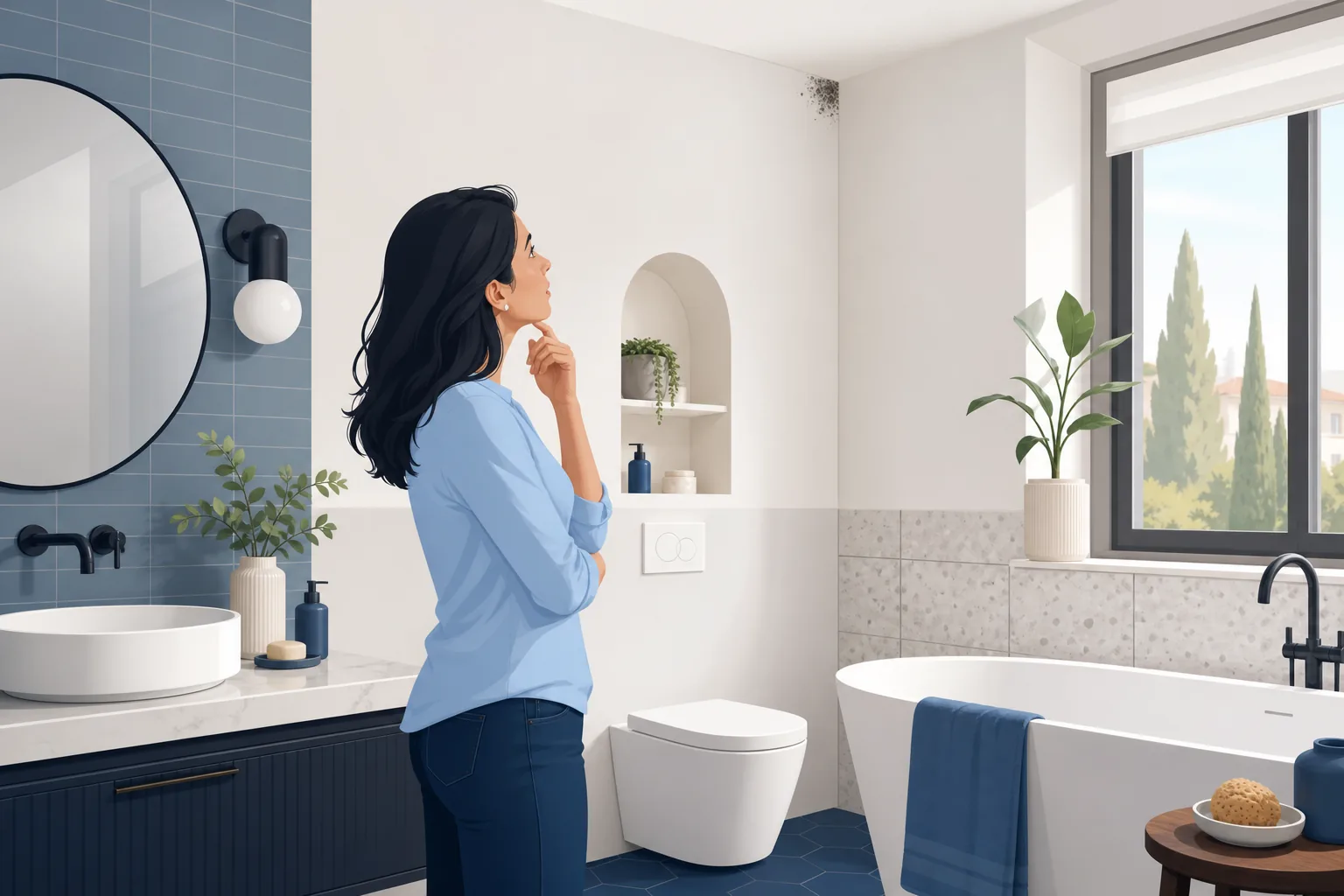Bagno moderno con una macchia di muffa scura visibile nell'angolo superiore della parete bianca vicino al soffitto, illuminato da luce naturale
