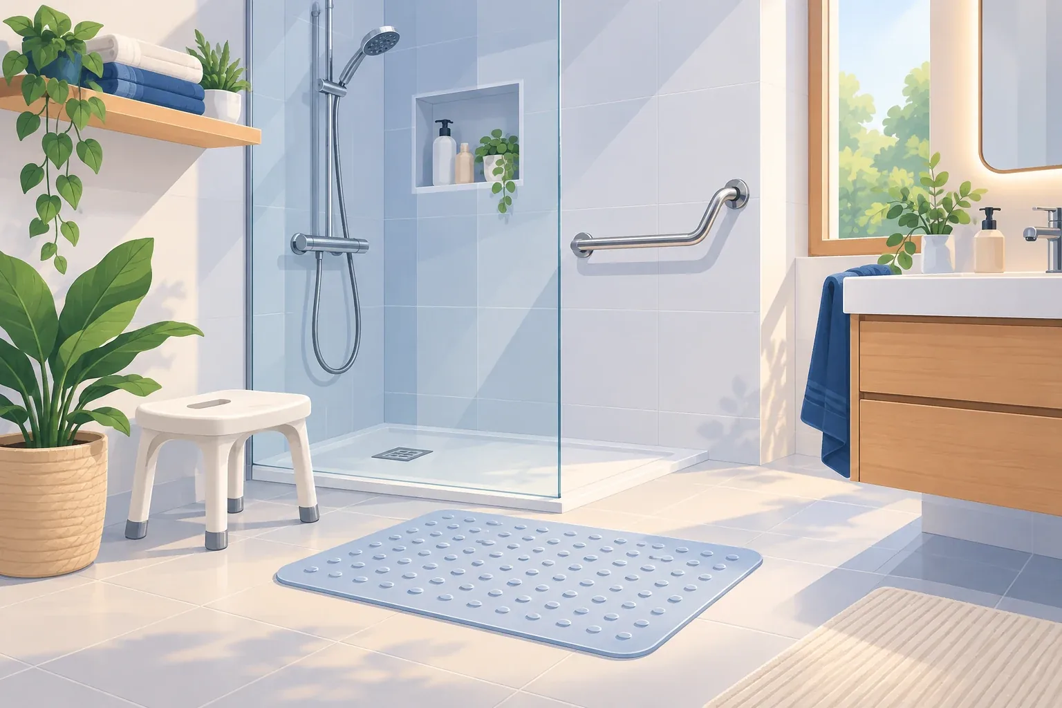 Bagno con maniglione di sicurezza a parete e tappetino antiscivolo sul pavimento