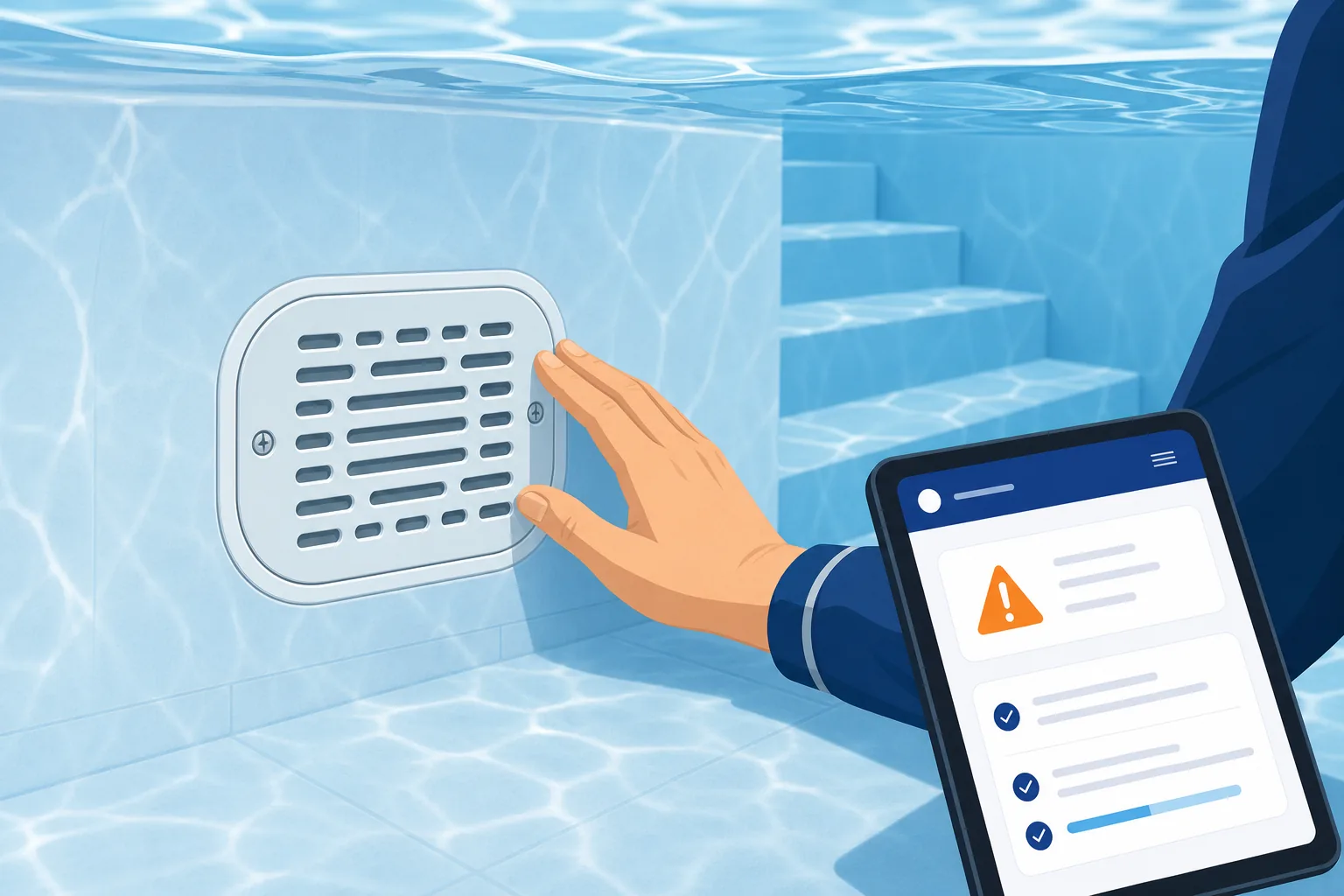 Primo piano di un bocchettone di aspirazione per piscina conforme alle norme di sicurezza