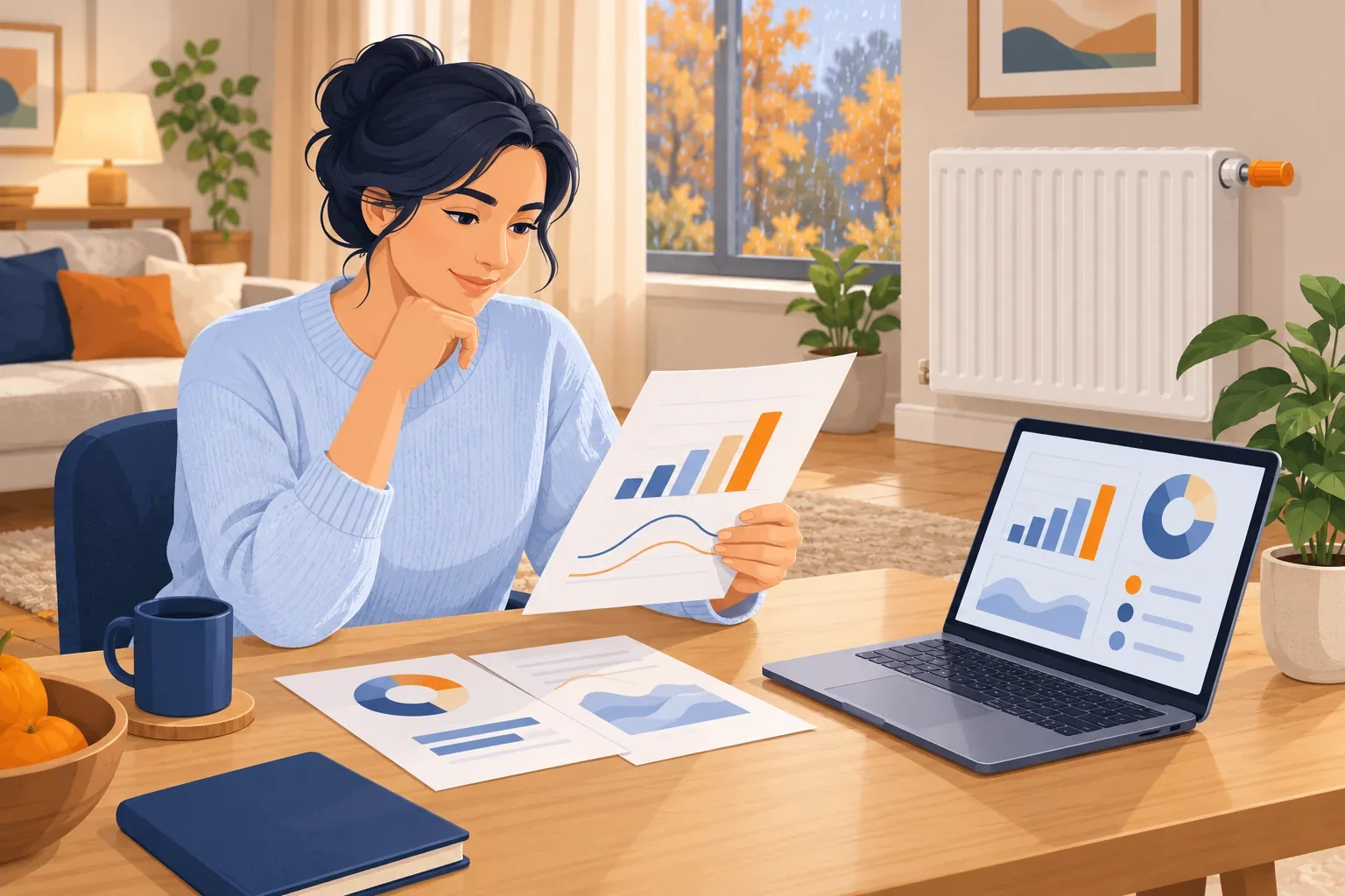 Donna che esamina i documenti di consumo energetico al tavolo di casa