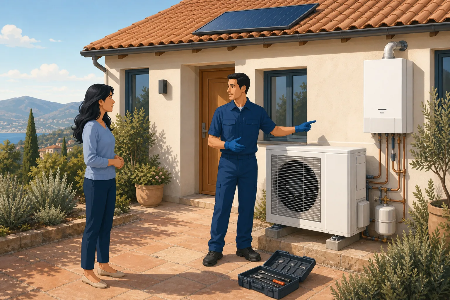 Tecnico in divisa blu che spiega a una cliente la pompa di calore e la caldaia a parete davanti a una casa con pannello solare