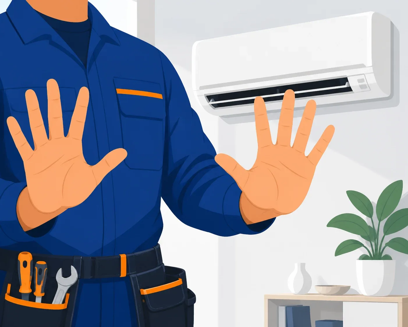 Tecnico in divisa blu che verifica l'installazione di un climatizzatore a pompa di calore a parete