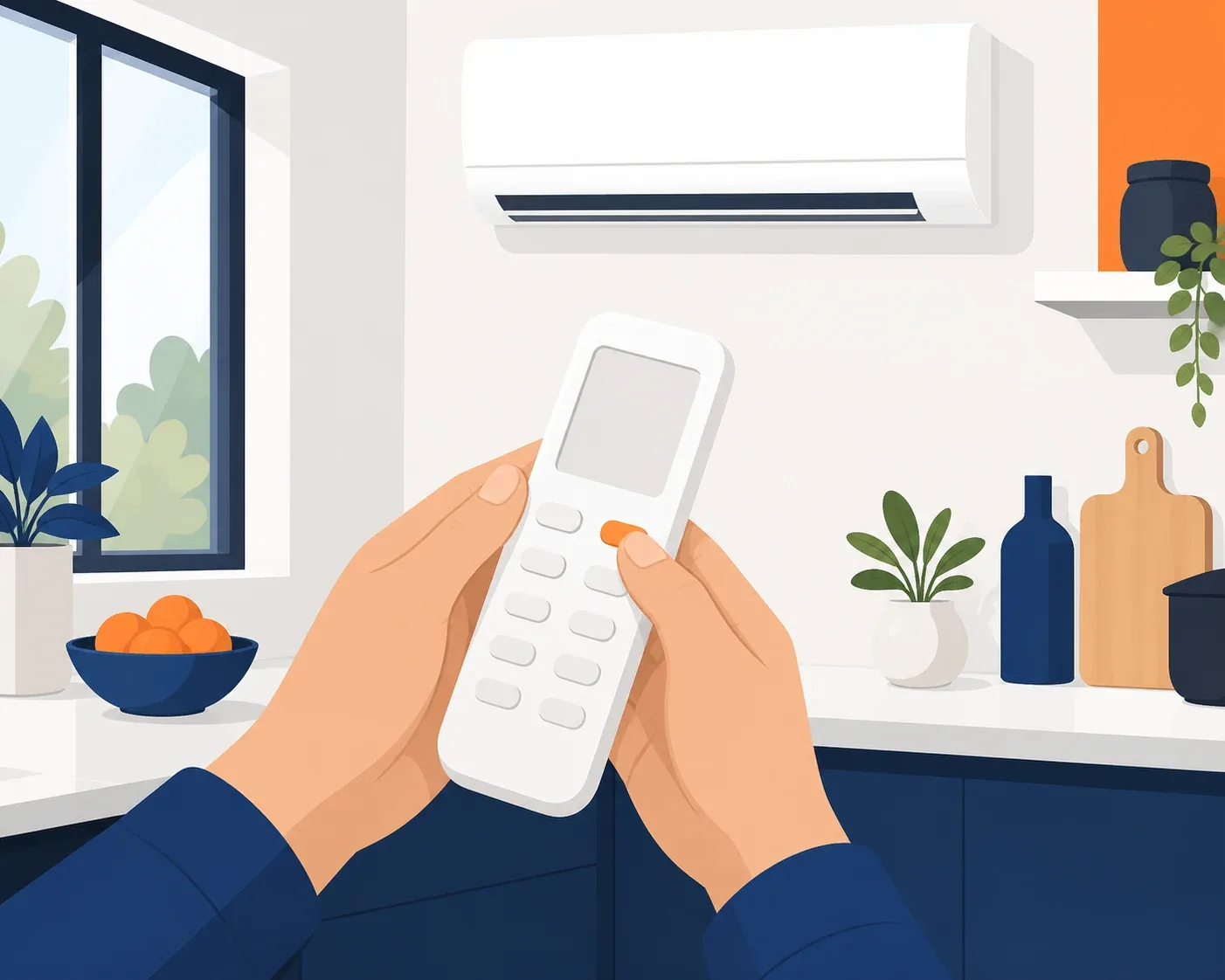 Mani di un proprietario di casa che usano il telecomando del climatizzatore in cucina