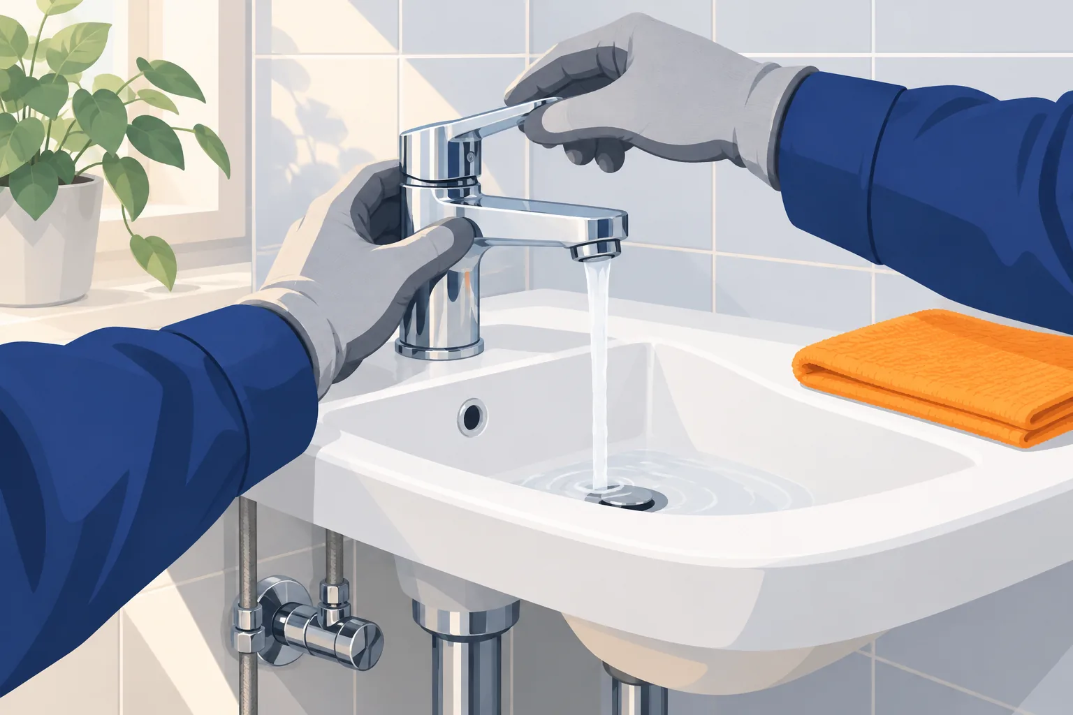 Mani con guanti da lavoro che chiudono lentamente il rubinetto monocomando di un lavabo